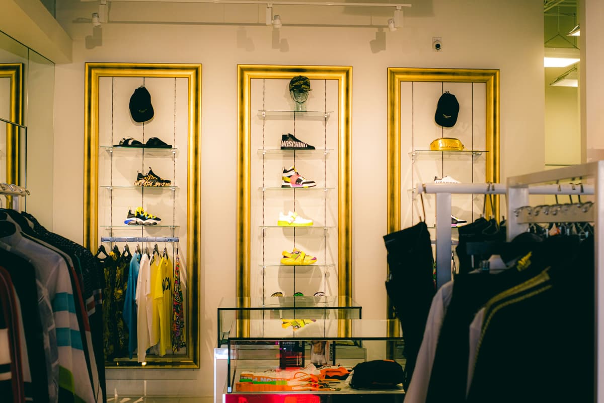 Retail interior with warm painted walls and display lighting